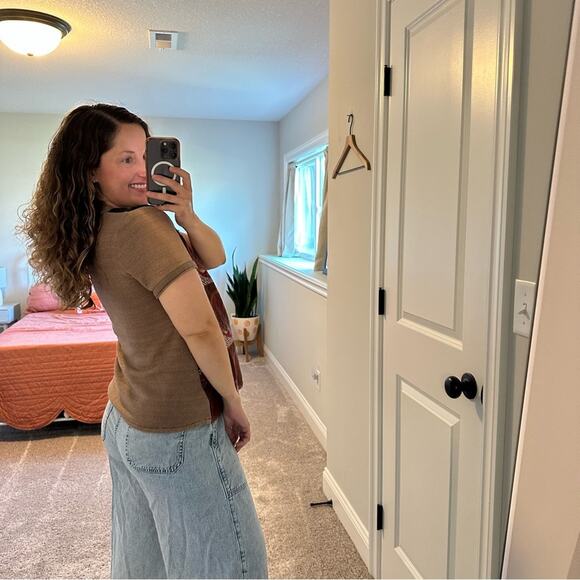 Anthropologie Conditions Apply Tan Mixed Media Quilted Satin Knit Tee/Top Small - Picture 3 of 14